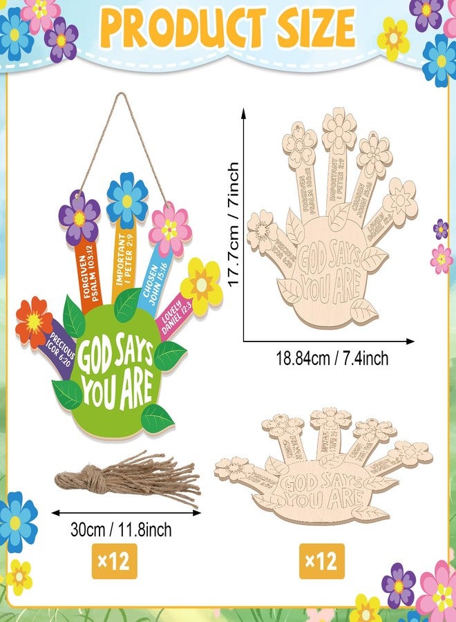 CHUNNIN 12 Set Sunday School Craft Kit God Says You are DIY Handprint Flower Craft Christian Wooden Pot Painting Coloring Kit DIY Activities Religious Bible Gift with String for Classroom Church Home - Image 2